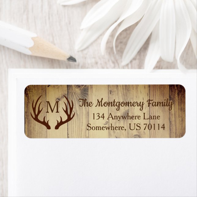 Rustic Farmhouse Country Wood Deer Antlers Return Address Label (Insitu)