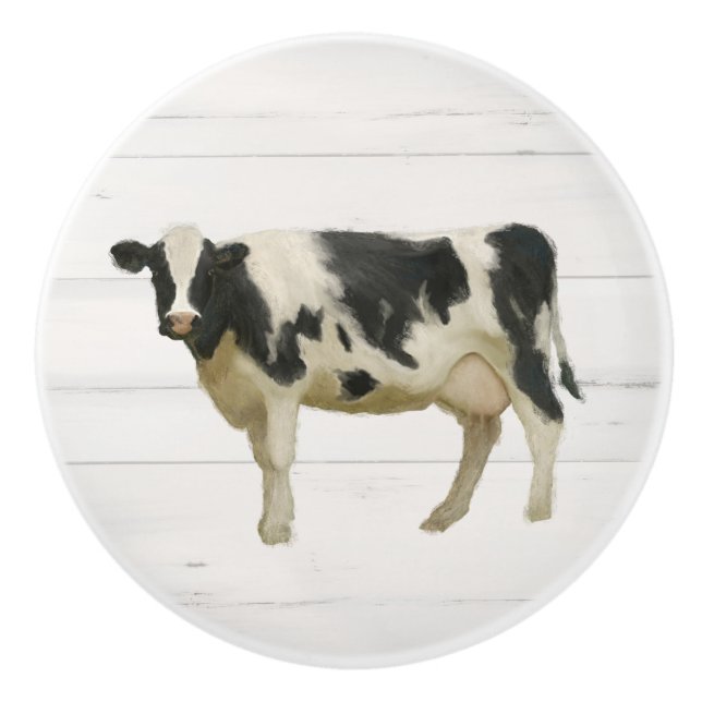 Rustic Farmhouse Cow Black n White Shiplap Wood Ceramic Knob (Front)