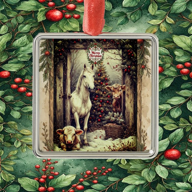 Rustic Farmhouse Cow Horse Country Christmas Rural Metal Ornament (Rustic Farmhouse Cow Horse Country Christmas Rural Metal Ornament)