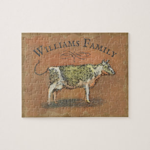 Rustic Farmhouse Cow Monogram Family Name Jigsaw Puzzle