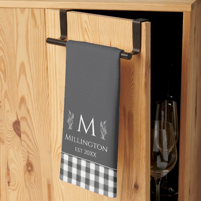Rustic Farmhouse Custom Monogram Charcoal Grey Tea Towel (Thirds Fold)