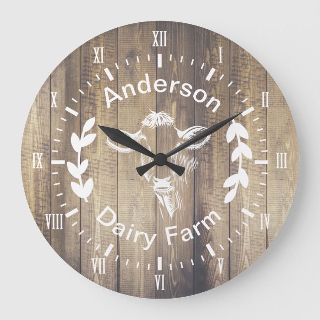 Rustic Farmhouse Dairy Farm Cow & Family Name Large Clock (Front)
