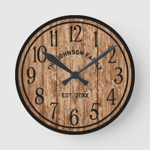 Rustic Farmhouse Dark Wood Famliy Name Round Clock