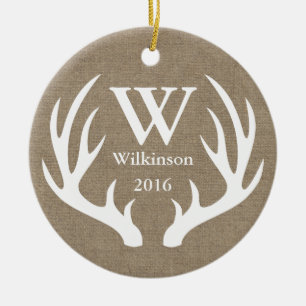 Rustic Farmhouse Deer Antlers Family Photo Ceramic Ornament