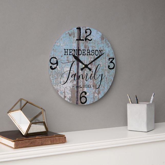 Rustic Farmhouse Distressed Faux Wood Family Name  Large Clock (Office)