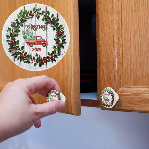 Rustic Farmhouse Distressed Wood Red Truck Ceramic Knob