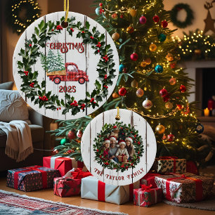 Rustic Farmhouse Distressed Wood Red Truck Ceramic Ornament