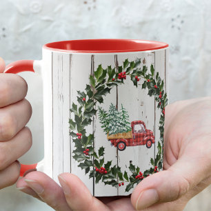 Rustic Farmhouse Distressed Wood Red Truck Red Mug