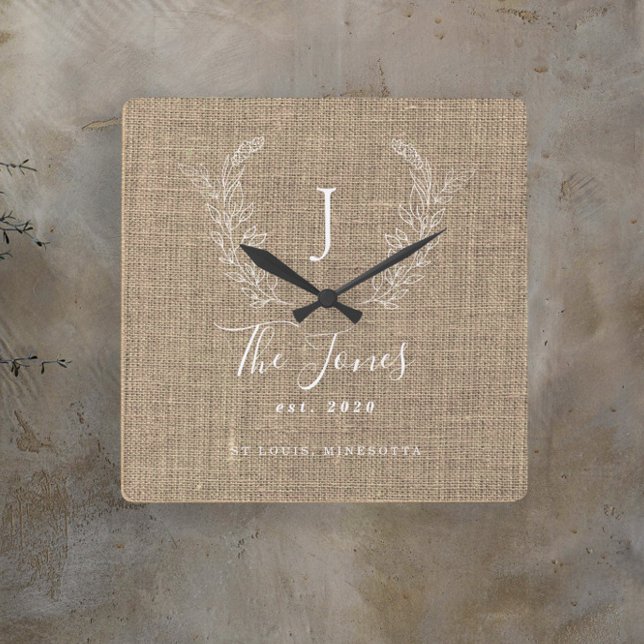 Rustic farmhouse elegant family monogrammed square wall clock (Creator Uploaded)