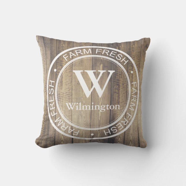 Rustic Farmhouse Family Name Farm Fresh Label Cushion (Front)