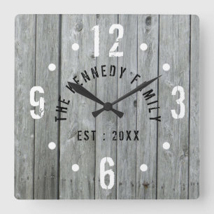 Rustic Farmhouse Family Name Grey Wood Square Wall Clock