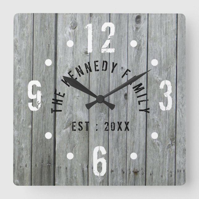 Rustic Farmhouse Family Name Grey Wood Square Wall Clock (Front)