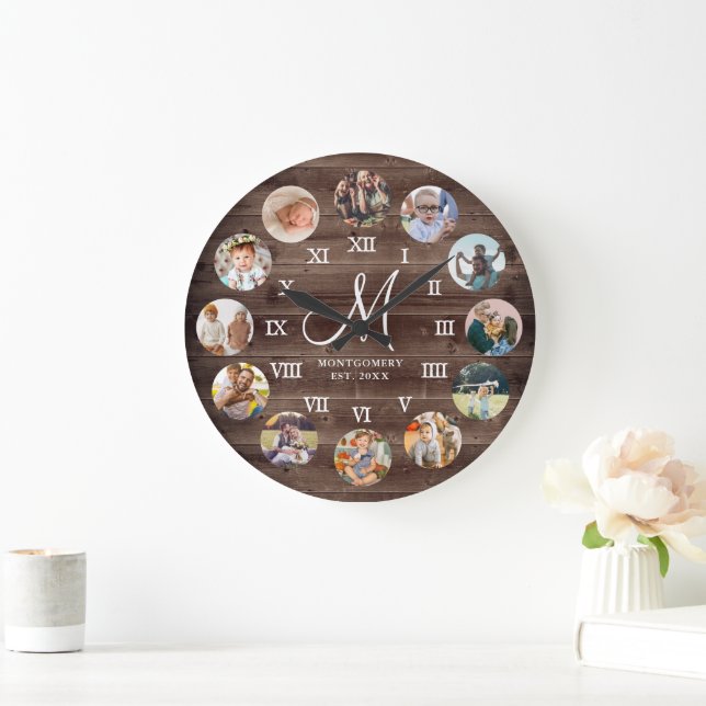 Rustic Farmhouse Family Photo Collage Monogram Large Clock (Home)