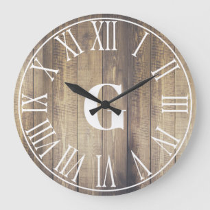 Rustic Farmhouse Faux Barn Wood & White Monogram Large Clock