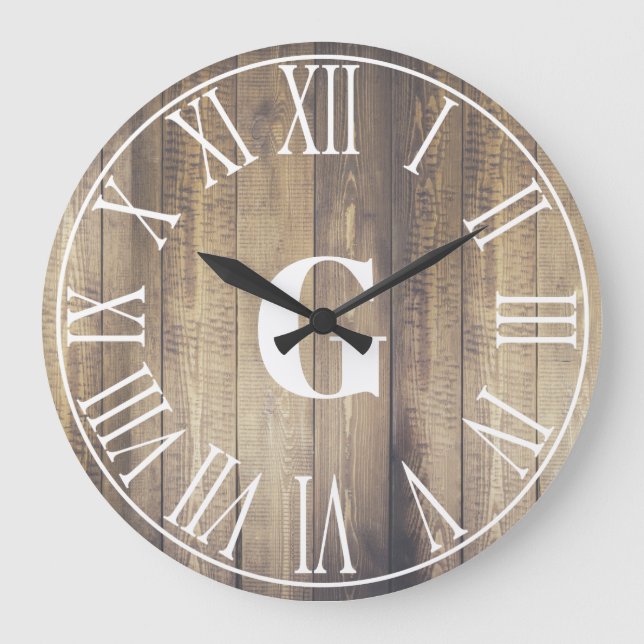 Rustic Farmhouse Faux Barn Wood & White Monogram Large Clock (Front)