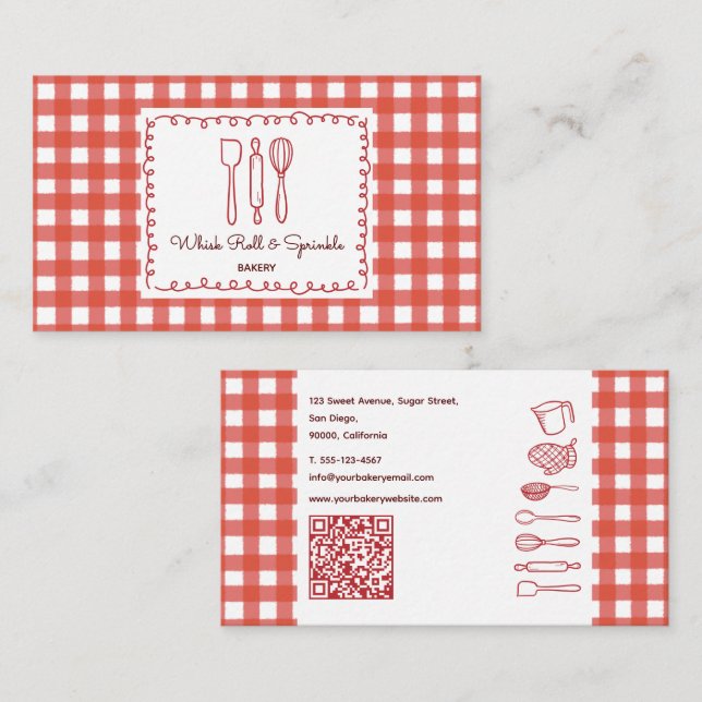 Rustic Farmhouse Gingham QR Code Bakery Business Card (Front/Back)