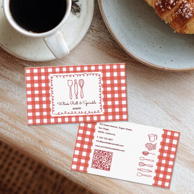 Rustic Farmhouse Gingham QR Code Bakery Business Card (Creator Uploaded)