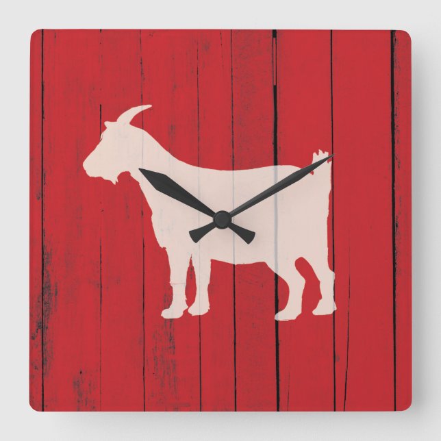 Rustic Farmhouse Goat Red Wood Panel Square Wall Clock (Front)