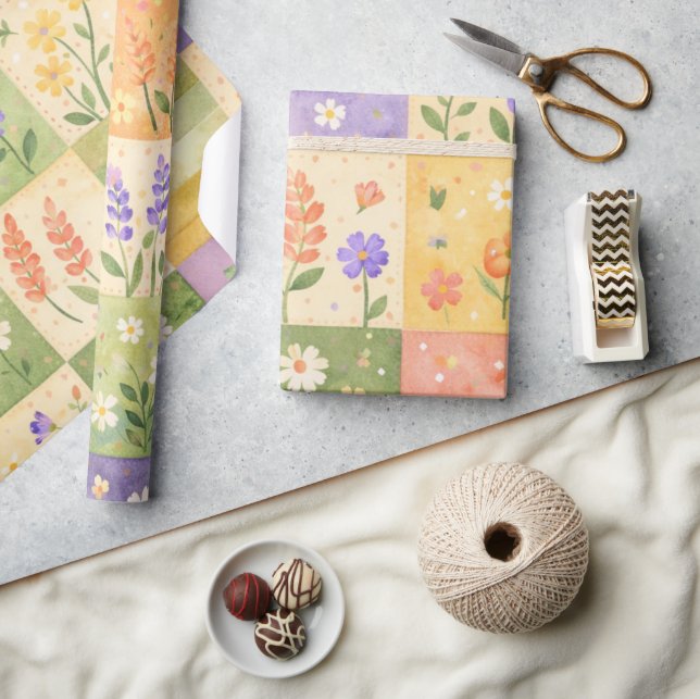 Rustic Farmhouse Green & Purple Quilt Patchwork Wrapping Paper (Crafts)
