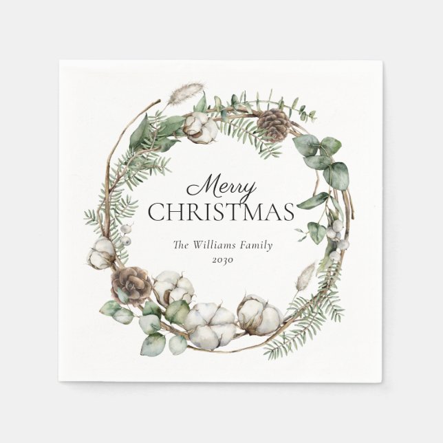 Rustic Farmhouse Greenery Wreath Merry Christmas Napkin (Front)