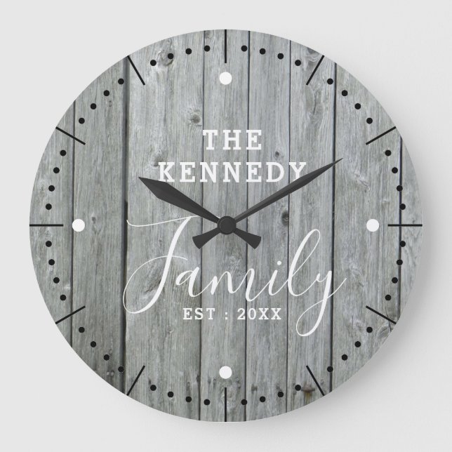 Rustic Farmhouse Grey Wood Family Name Large Clock (Front)