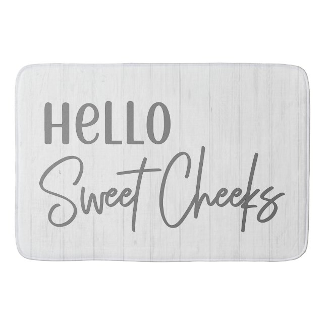 Rustic Farmhouse Hello Sweet Cheeks White Wood Bath Mat (Front)
