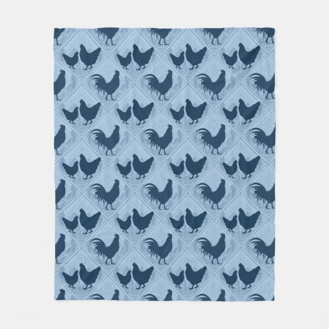 Rustic Farmhouse Hen Pattern – In Blue  Fleece Blanket (Front)