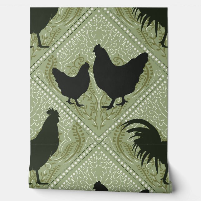 Rustic Farmhouse Hen Pattern – In Green  Wallpaper (Unrolling)
