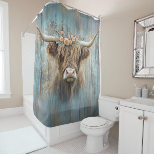 Rustic Farmhouse Highland Cow Floral Crown  Shower Curtain