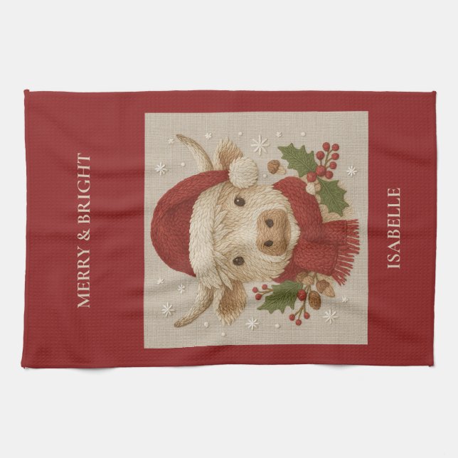  Rustic farmhouse Highland Cow with Santa Hat Tea Towel (Horizontal)