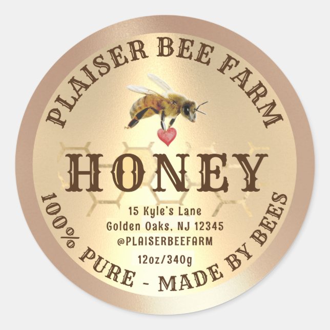 Rustic Farmhouse Honeybee Heart Golden Comb  Classic Round Sticker (Front)