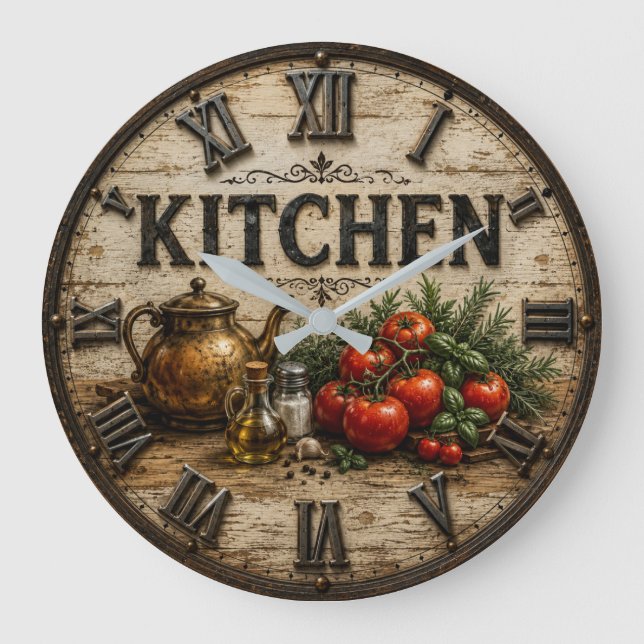 Rustic Farmhouse Kitchen Tomatoes & Herbs Vintage Large Clock (Front)