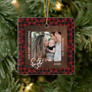 Rustic Farmhouse Leather & Plaid Christmas Family Ceramic Ornament