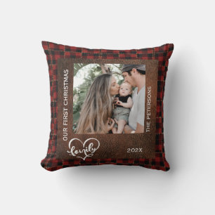 Rustic Farmhouse Leather & Plaid Christmas Family Cushion