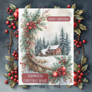 Rustic Farmhouse Magic Christmas Country Berries Holiday Card