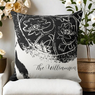 Rustic farmhouse monogram floral black white cushion