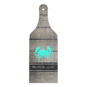 Rustic Farmhouse Nautical Teal Blue Crab Monogram Cutting Board