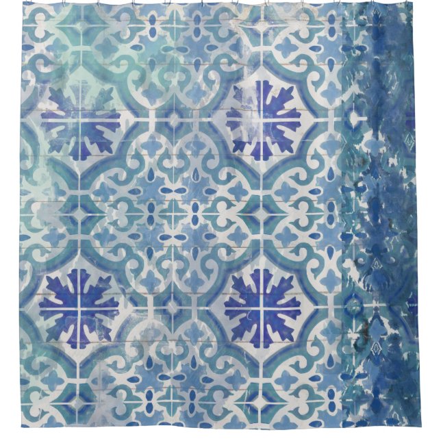 Rustic Farmhouse Old Havana Tile Ocean Blue Beach Shower Curtain (Front)