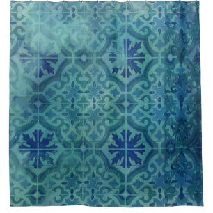 Rustic Farmhouse Old Havana Tile Pattern Beach Shower Curtain