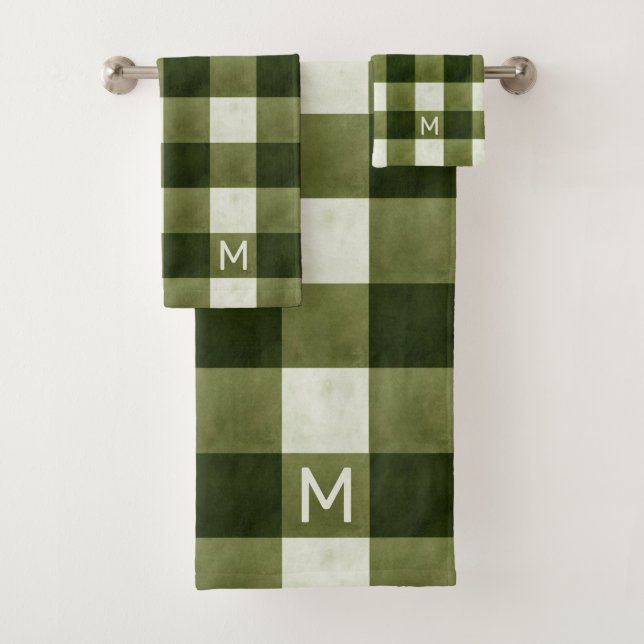 Rustic Farmhouse Olive Buffalo Check & monogram Bath Towel Set (Insitu)