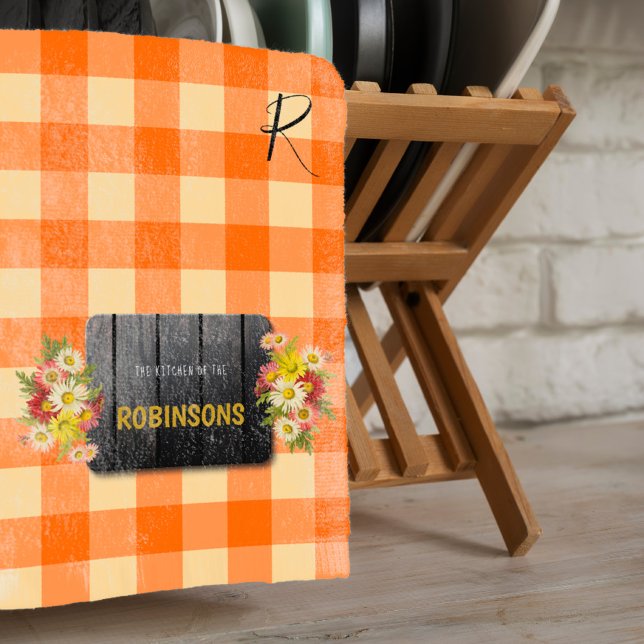 Rustic farmhouse orange gingham floral monogrammed tea towel (Creator Uploaded)