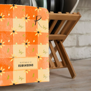 Rustic farmhouse orange gingham floral monogrammed tea towel