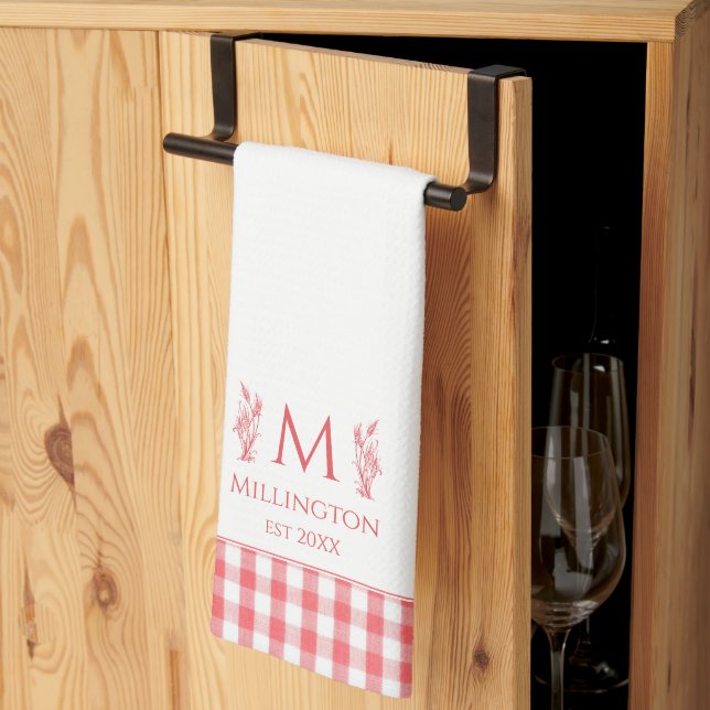 Rustic Farmhouse Personalised Monogram Red Gingham Tea Towel (Thirds Fold)