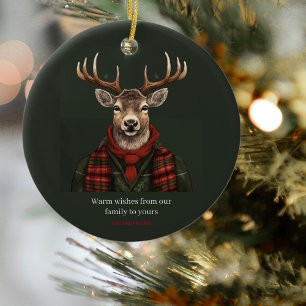 Rustic Farmhouse Plaid Deer And Green Ceramic Ornament