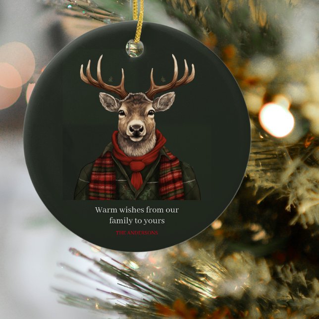 Rustic Farmhouse Plaid Deer And Green Ceramic Ornament (Creator Uploaded)