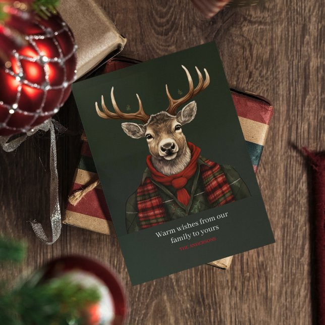 Rustic Farmhouse Plaid Deer And Green Holiday Card (Creator Uploaded)