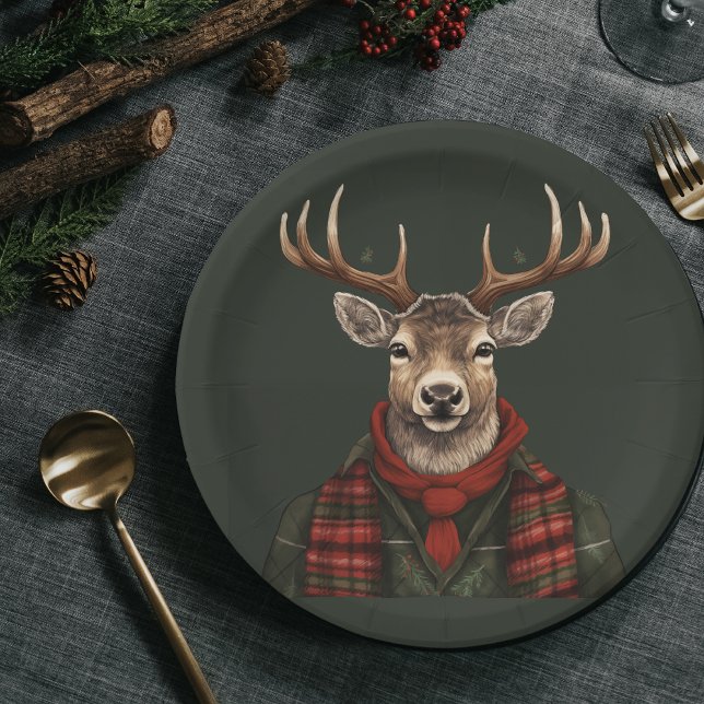Rustic Farmhouse Plaid Deer And Green Paper Plate (Creator Uploaded)