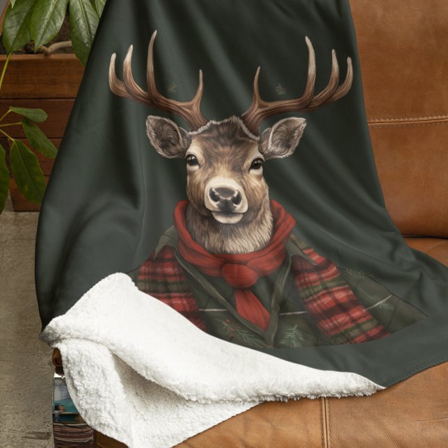 Rustic Farmhouse Plaid Deer And Green Sherpa Blanket (Creator Uploaded)