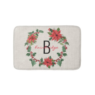Rustic Farmhouse Poinsettia Wreath Name Christmas Bath Mat
