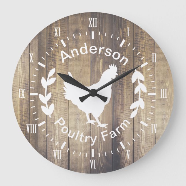Rustic Farmhouse Poultry Farm Hen & Family Name Large Clock (Front)